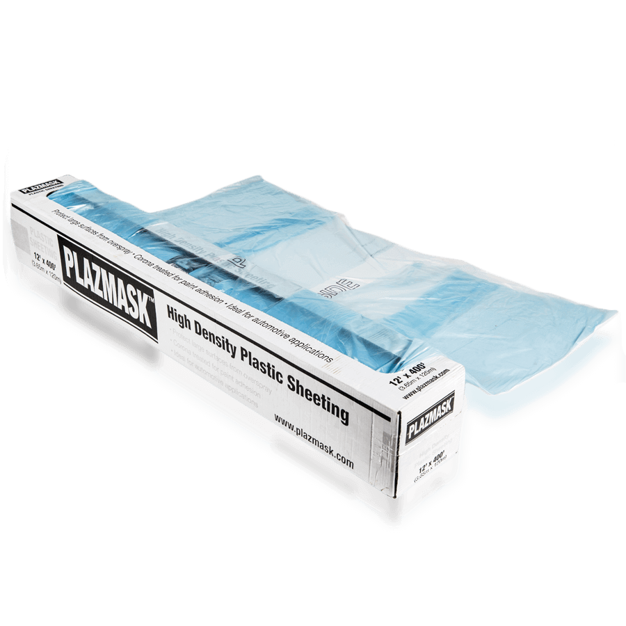 An open box of Plazmask High Density Plastic Sheeting with the light blue plastic sheeting rolling out of the box.