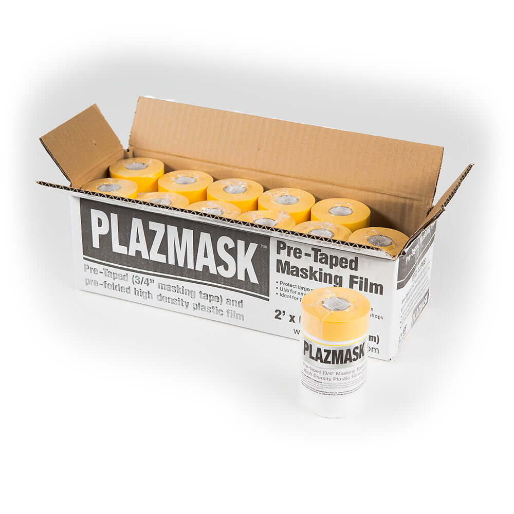 An open box of the 2' x 65' Pre-Taped masking film. One of the rolls is standing up beside the box.
