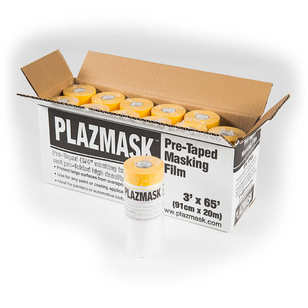 An open box of the 3' x 65' Pre-Taped masking film. One of the rolls is standing up beside the box.