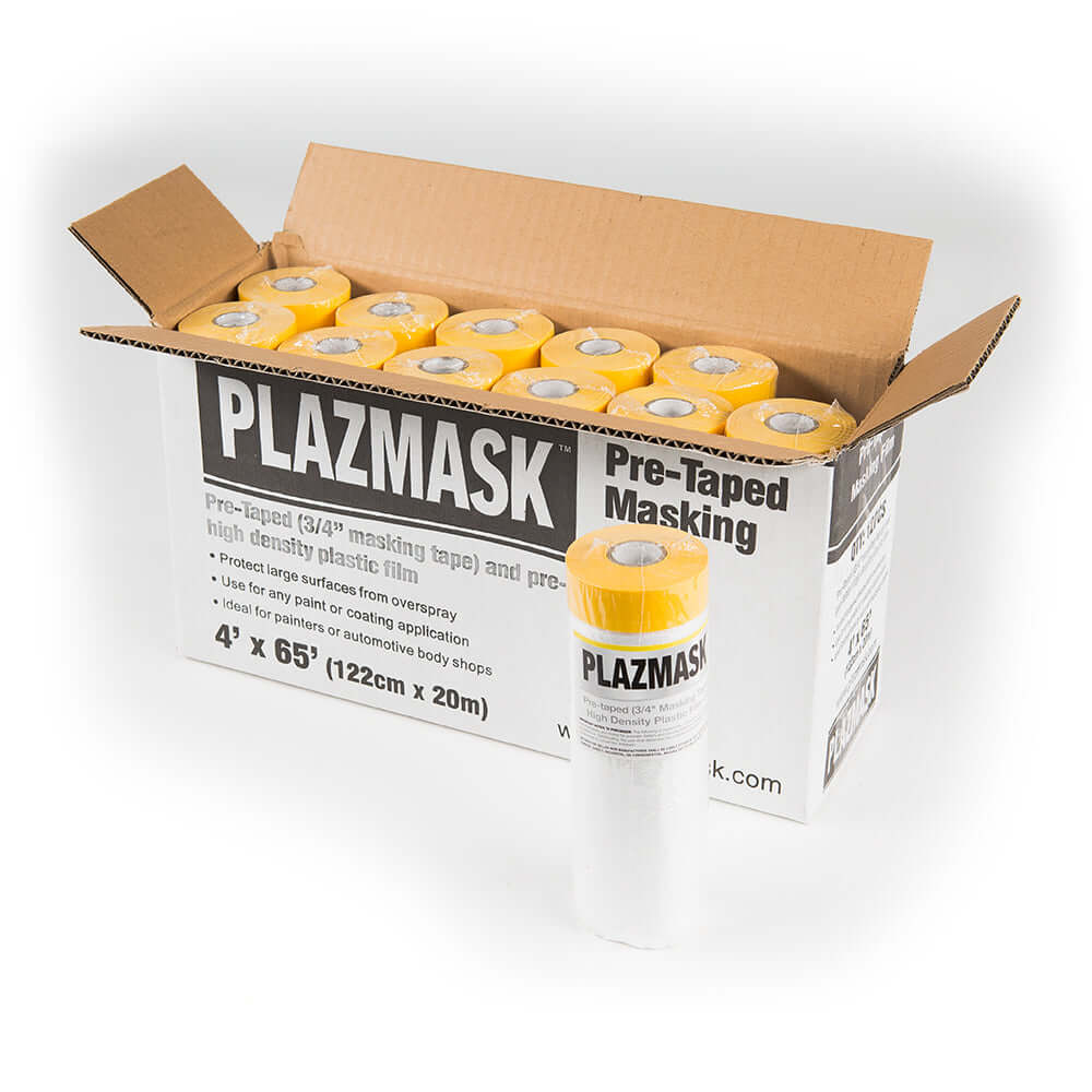 An open box of the 4' x 65' Pre-Taped masking film. One of the rolls is standing up beside the box.
