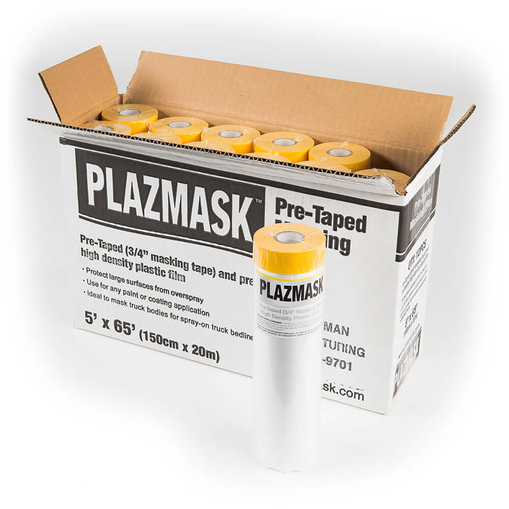 An open box of the 5' x 65' Pre-Taped masking film. One of the rolls is standing up beside the box.