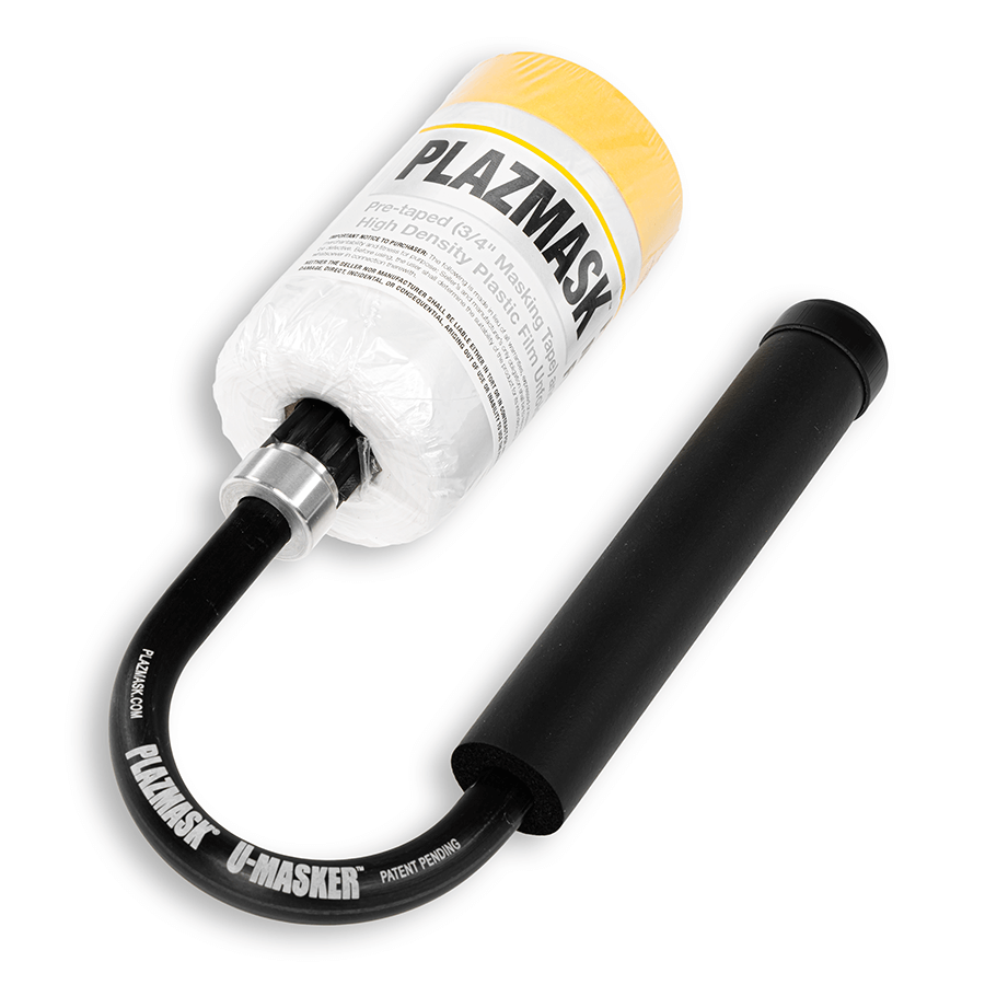 The patent pending 8 inch U-Masker is shown with a roll of PlazMask loaded on the application end. The U-Masker is a black U-shaped tool with a handle that helps to easily apply PlazMask masking film.