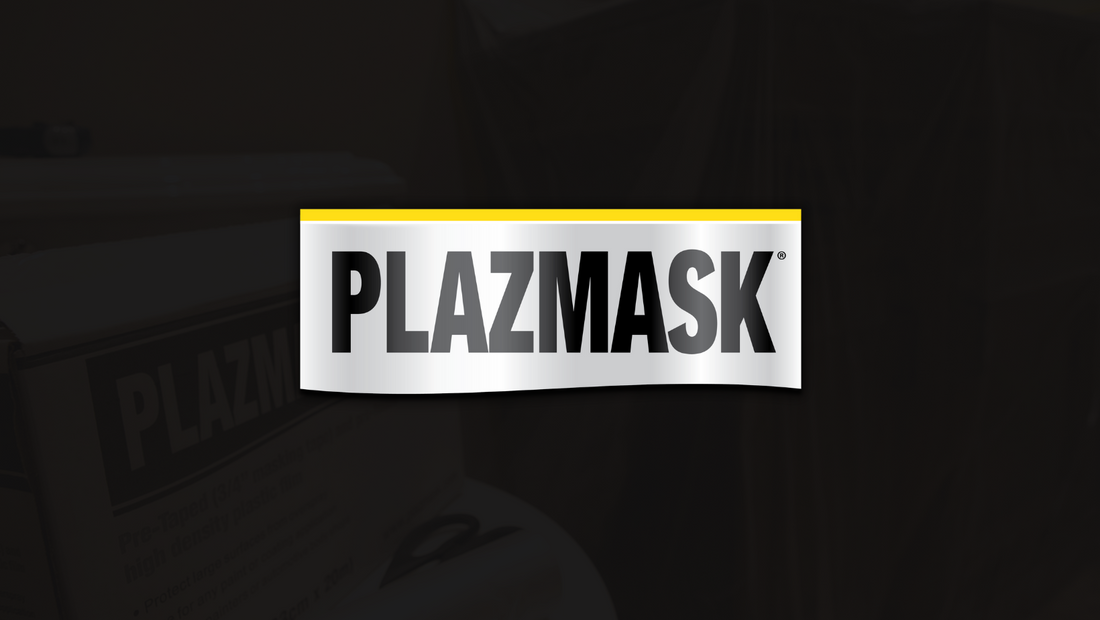 The silver, black and yellow PLAZMASK Logo on a black background. A box of PLAZMASK masking film can be faintly seen in the background.