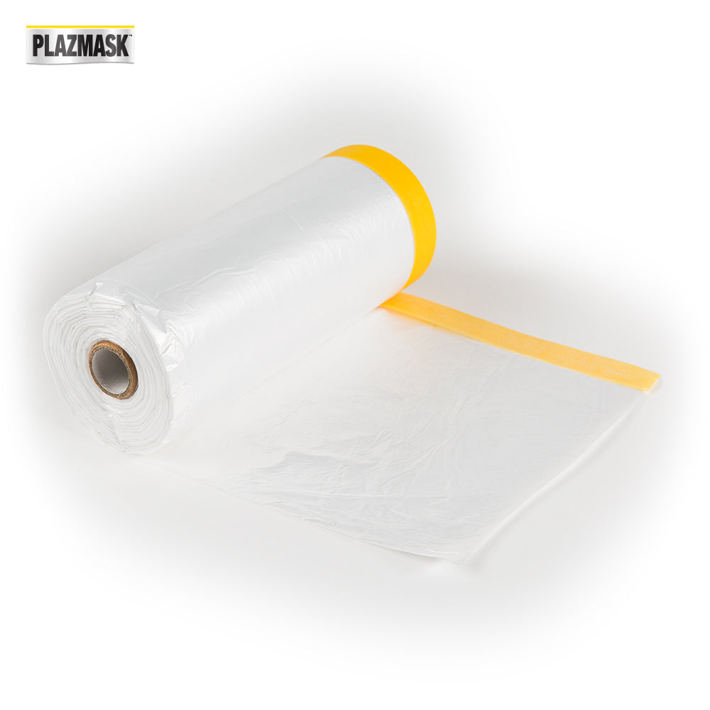 A roll of PlazMask masking film lays slightly unrolled, showing the yellow tape and attached plastic film. The shiny PlazMask logo is displayed in the top left of the image.