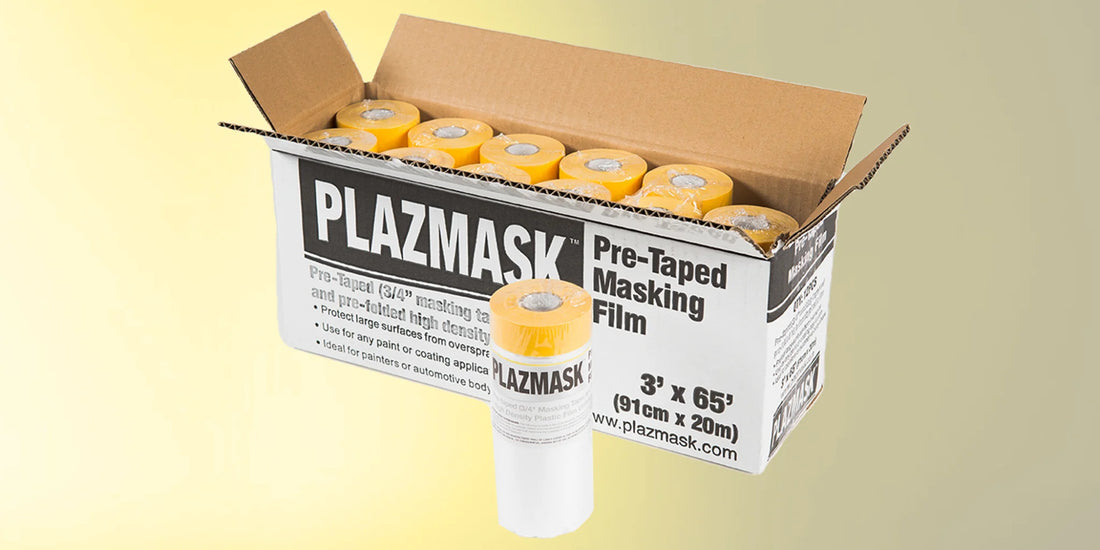 A photo of an opened box PLAZMASK pre-taped masking film. The image is on top of a yellowish grey background.