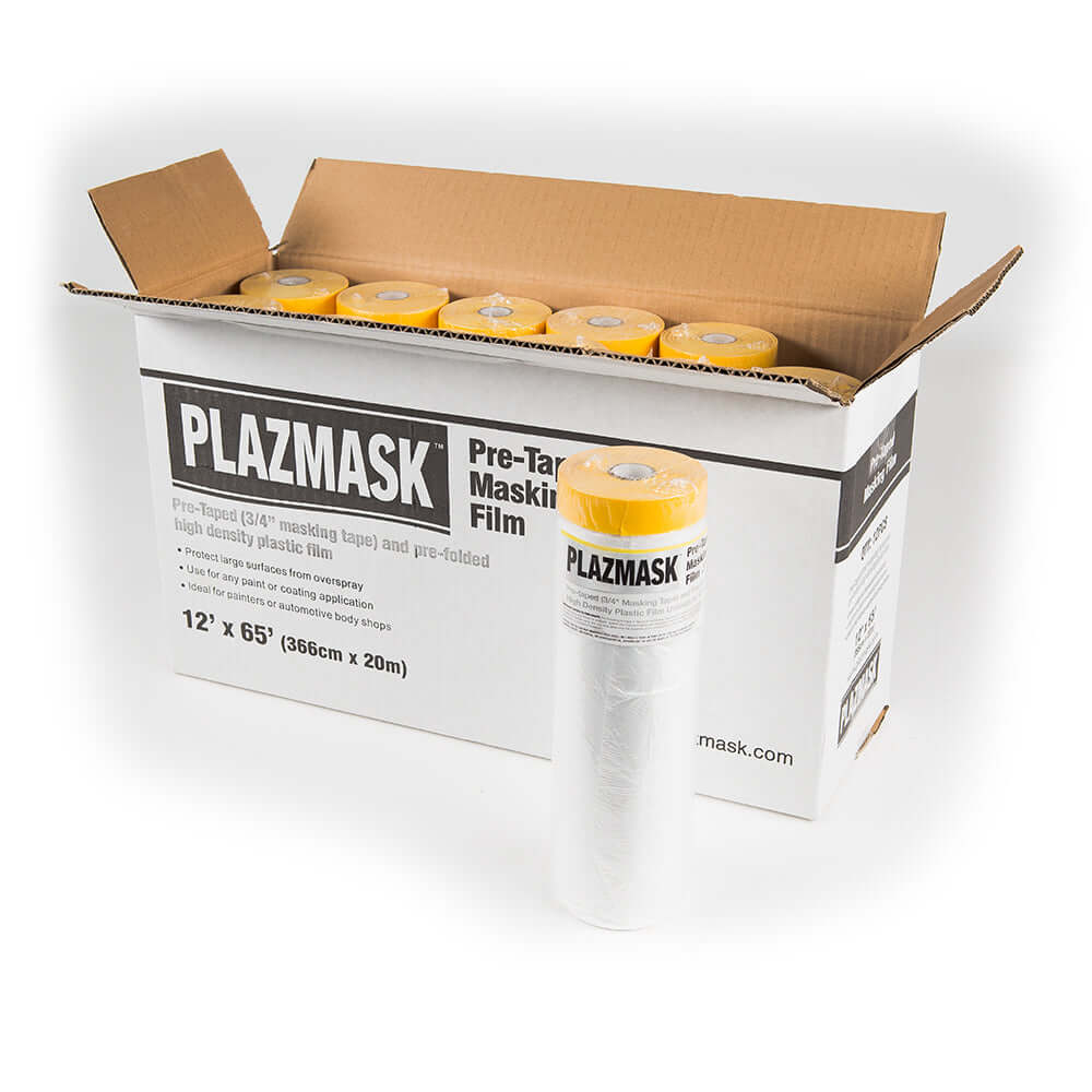 An open box of the 12' x 65' Pre-Taped masking film. One of the rolls is standing up beside the box.